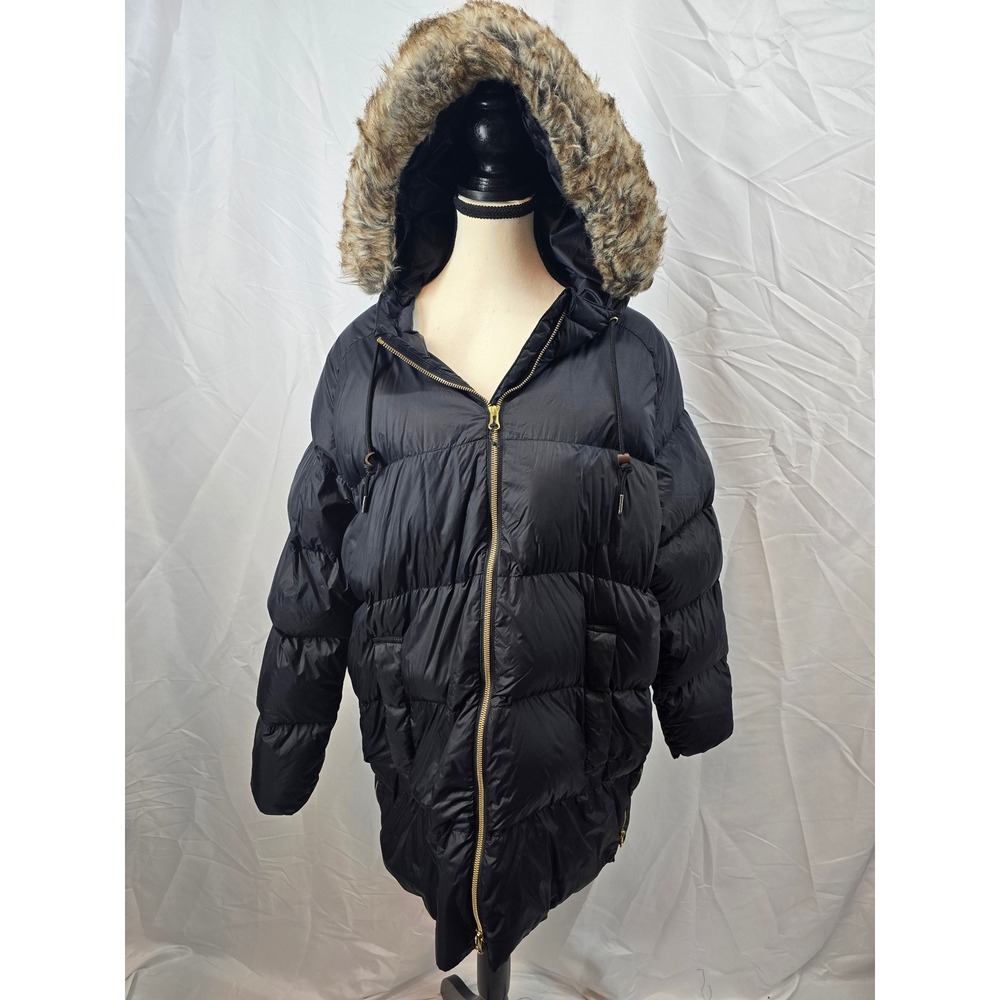 Eddie Bauer Womens Black Puffer Coat Faux Fur Hood Zip Warm Winter XL‎